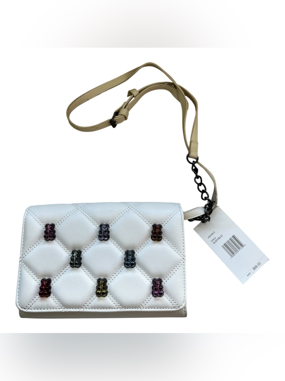 Betsey Johnson White Quilted Crossbody Bag with Multicolor "Gummy Bear" Studs NW